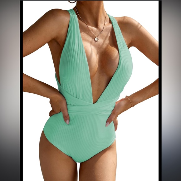 Molybell Other - Green Ribbed One Piece Swimsuit with Halter Neck